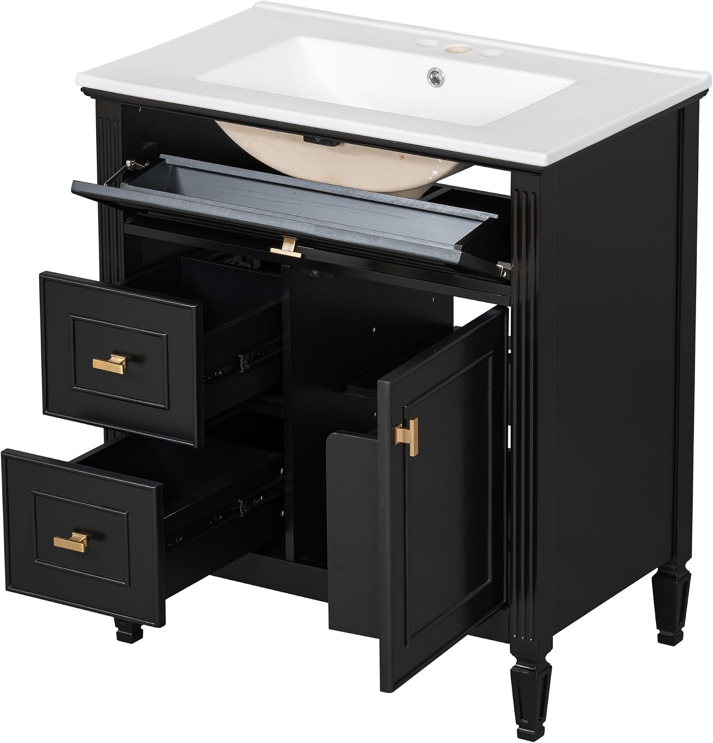 Harper & Bright Designs 30' Bathroom Vanity with Sink, Free Standing Vanity Set with Tip-Out Drawer, 2 Drawers, and Adjustable Shelf, Wood Bathroom Cabinet with Ceramic Basin for Bathroom, Black