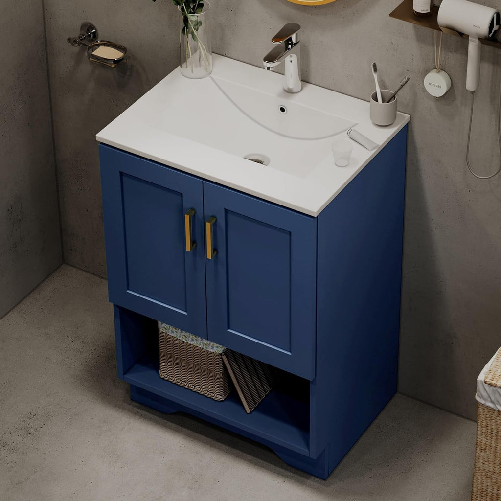 24 Inch Modern Bathroom Vanity with Ceramic Sink - Freestanding Cabinet 2 Soft-Close Doors & 1 Open Shelf, White Space-Saving Design for Powder Rooms (Blue)