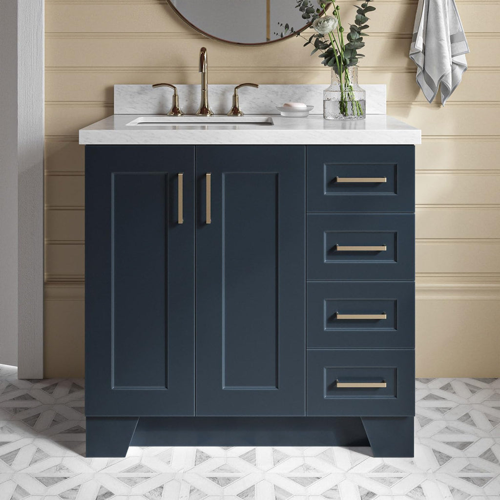 ARIEL Taylor 36-inch Bathroom Vanity with Sink,Solid Wood, 1.5-inch Italian Carrara Marble Countertop, Single Rectangular Porcelain Sink, 2 Soft Closing Doors, 5 Dovetail Drawers, Midnight Blue
