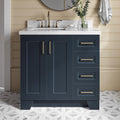 ARIEL Taylor 36-inch Bathroom Vanity with Sink,Solid Wood, 1.5-inch Italian Carrara Marble Countertop, Single Rectangular Porcelain Sink, 2 Soft Closing Doors, 5 Dovetail Drawers, Midnight Blue