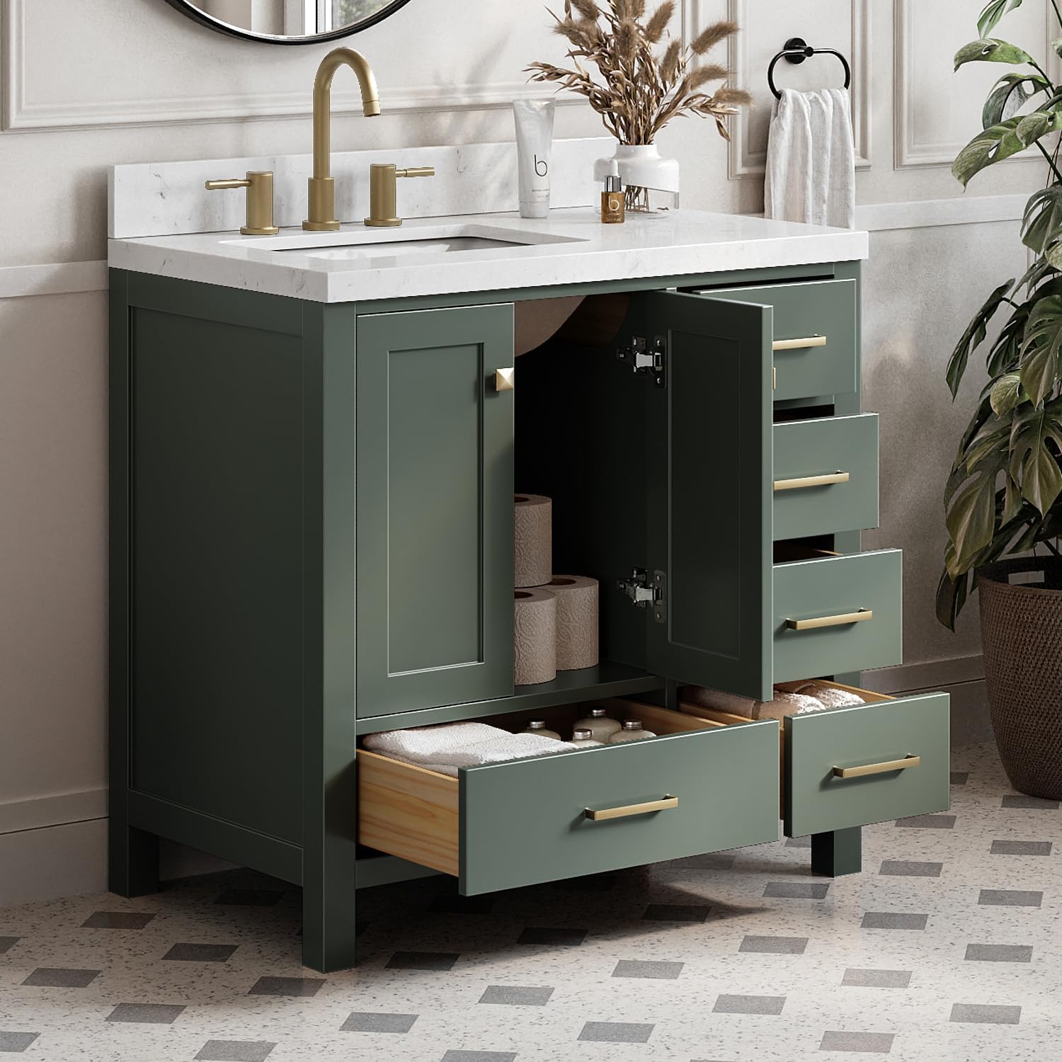 ARIEL Cambridge 36-inch Bathroom Vanity with Sink,Solid Wood, 1.5-inch Carrara White Quartz Countertop, Single Rectangular Porcelain Sink, 2 Soft Closing Doors, 5 Dovetail Drawers, Vintage Green