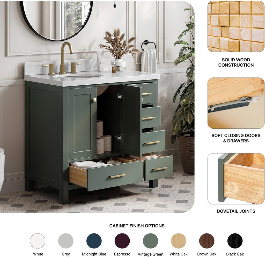 DKB Beckford 36-inch Vintage Green Bathroom Vanity with Left Oval Single Sink, Italian Carrara Marble Countertop & Backsplash, Solid Wood Frame, Soft-Closing & Dovetail Drawers
