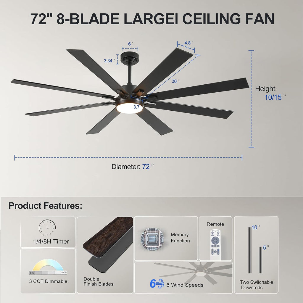 72 Inch Large Size With Light Kit & Remote Control 8 PCS Blades Ceiling Fan 3 Color Dimmable Led Dc Motor Reversible 6 Speed Quiet Remote Control Ceiling Fan For Living Room Bedroom Indoor Matte Black