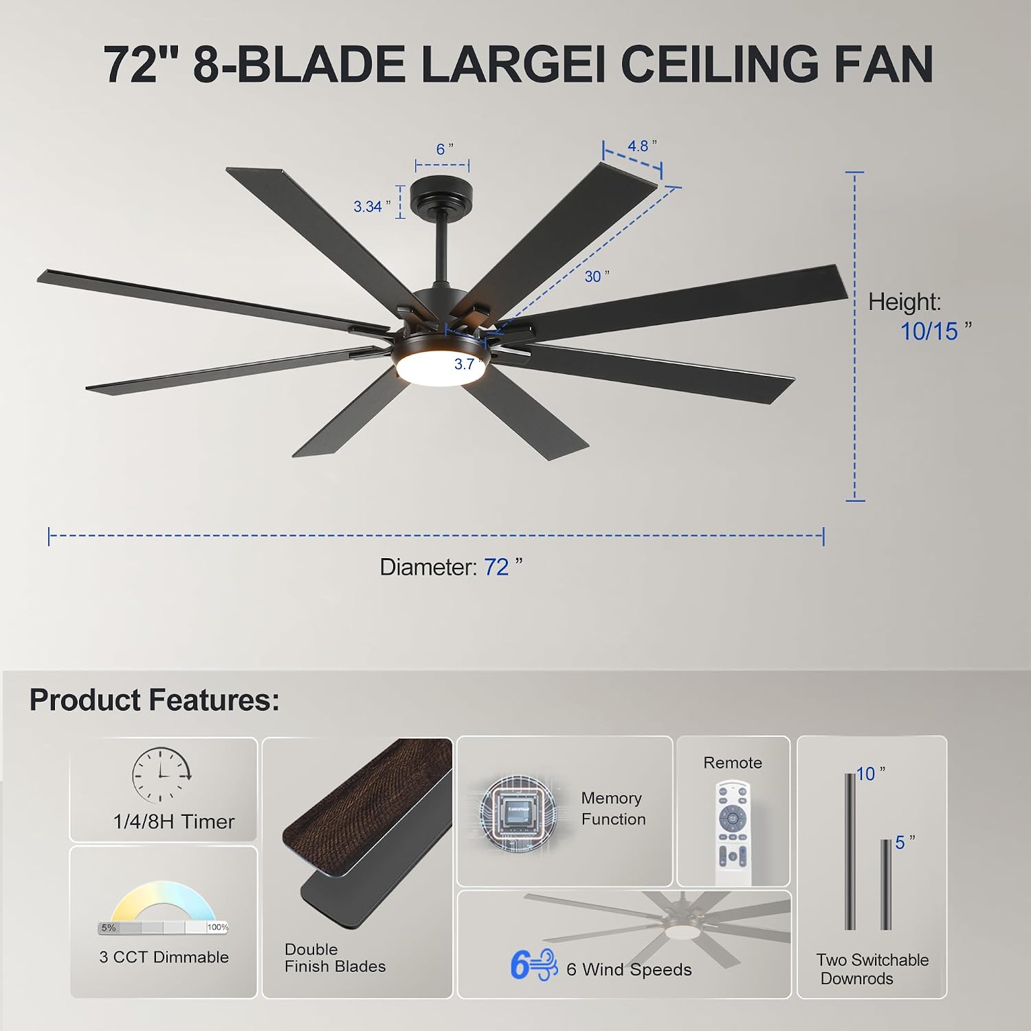 72 Inch Large Size With Light Kit & Remote Control 8 PCS Blades Ceiling Fan 3 Color Dimmable Led Dc Motor Reversible 6 Speed Quiet Remote Control Ceiling Fan For Living Room Bedroom Indoor Matte Black