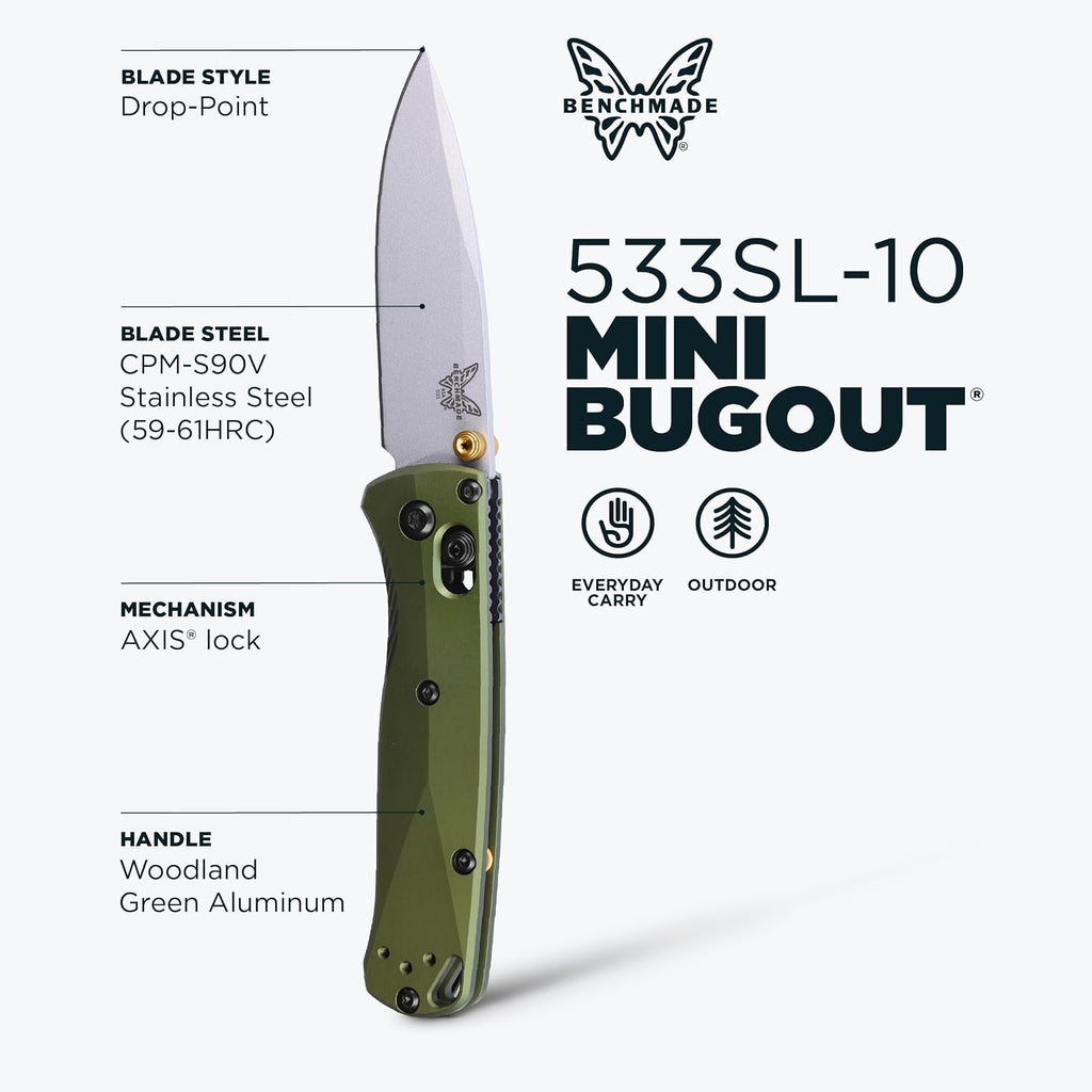 Benchmade - Mini Bugout, Outdoor, EDC Folding Knife, Drop-Point Blade with Woodland Green Aluminum Handle (533SL-10)