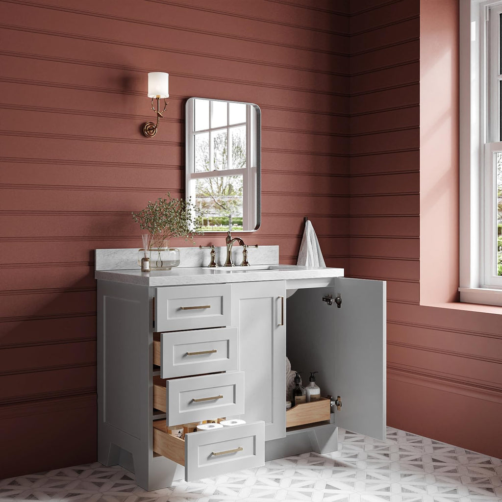 ARIEL Taylor 42-inch Bathroom Vanity with Sink,Solid Wood, 1.5-inch Italian Carrara Marble Countertop & Backsplash, Single Rectangular Porcelain Sink, 2 Soft Closing Doors, 5 Dovetail Drawers, Grey