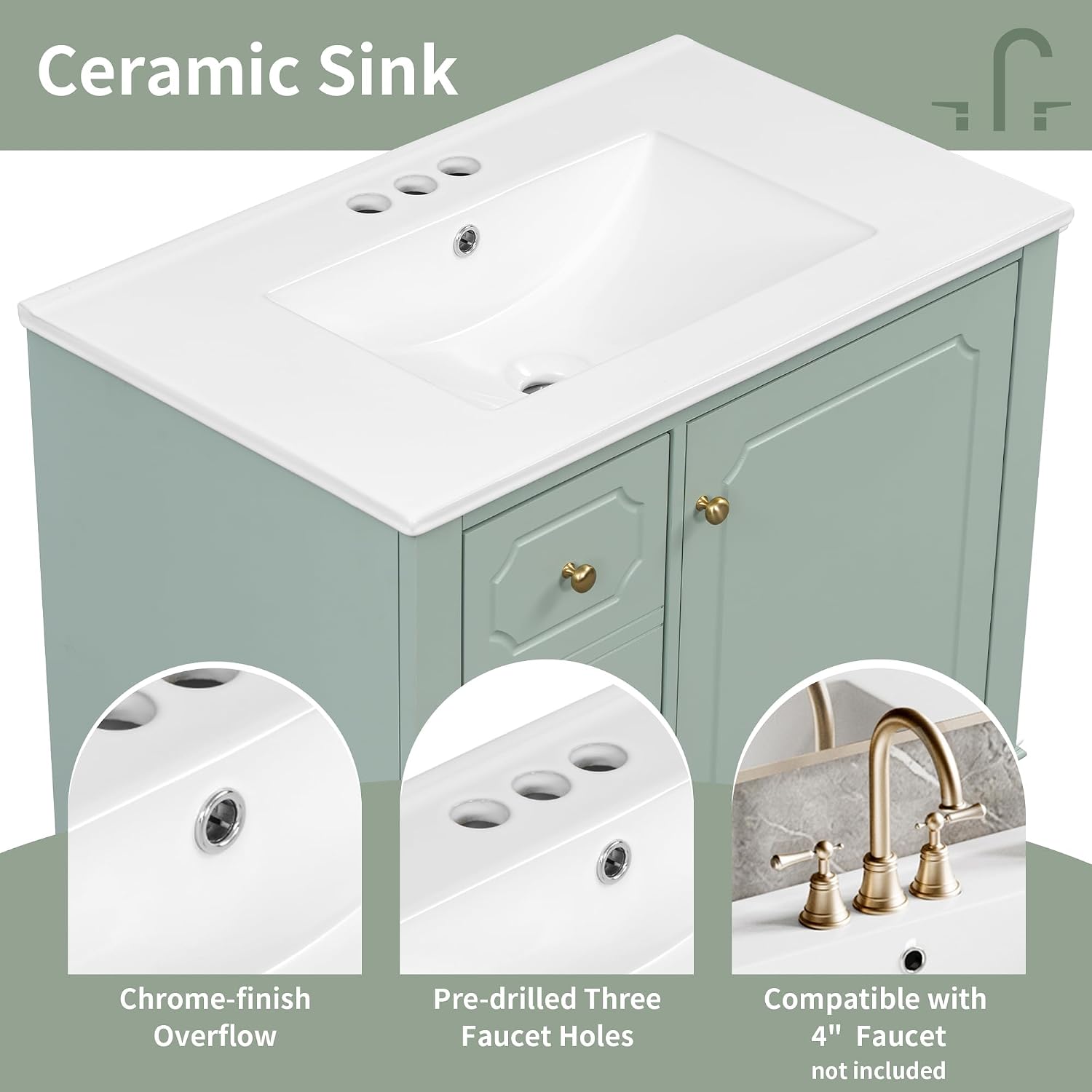 Bathroom Vanity with Ceramic Sink 30 inch, Multi-Functional Storage Cabinet with Drawers and Door Shelf, Solid Wood Frame, Soft-Closing Door, Light Green