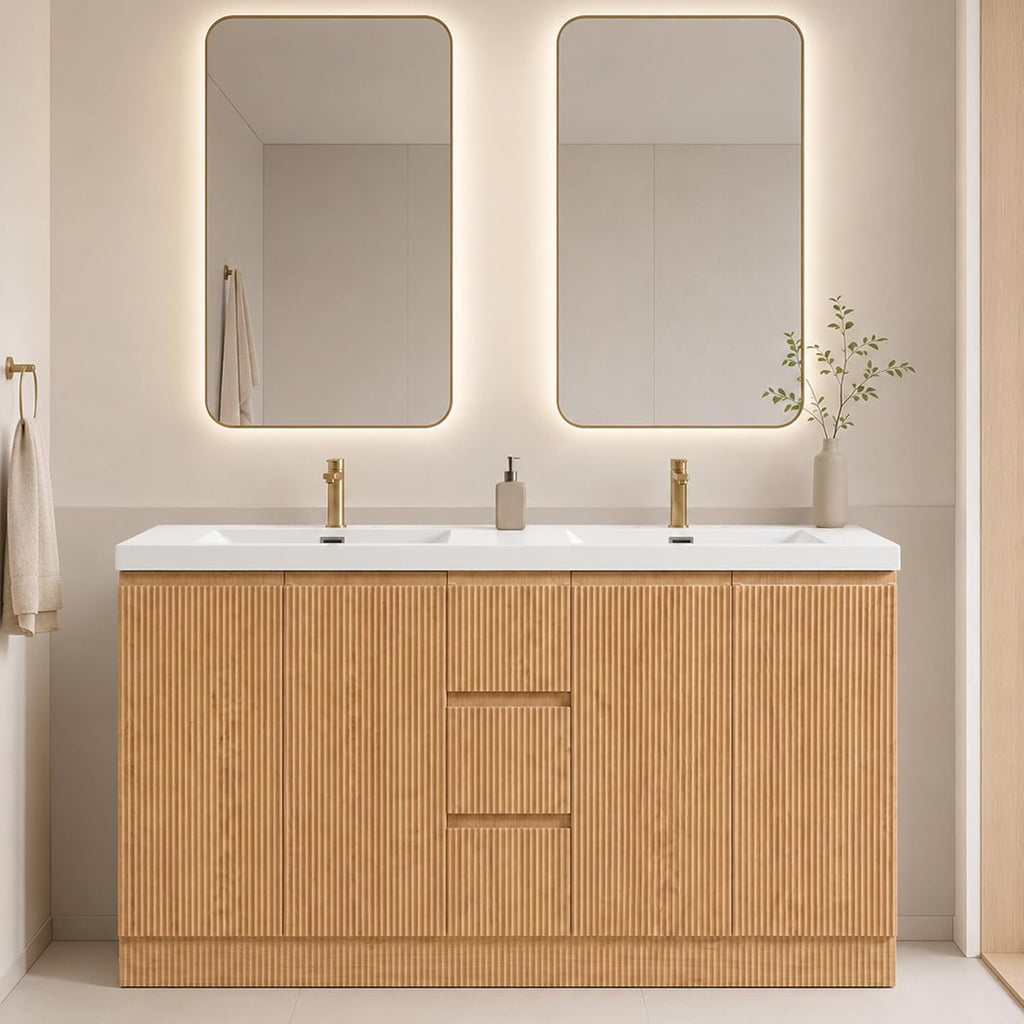 60 Inch Bathroom Vanity with Sink, Modern Fluted Freestanding Double Bathroom Vanity Cabinet with 4 Soft Closing Doors & 3 Drawers, Waterproof Lacquer Finish for Master Bathroom & Family Home