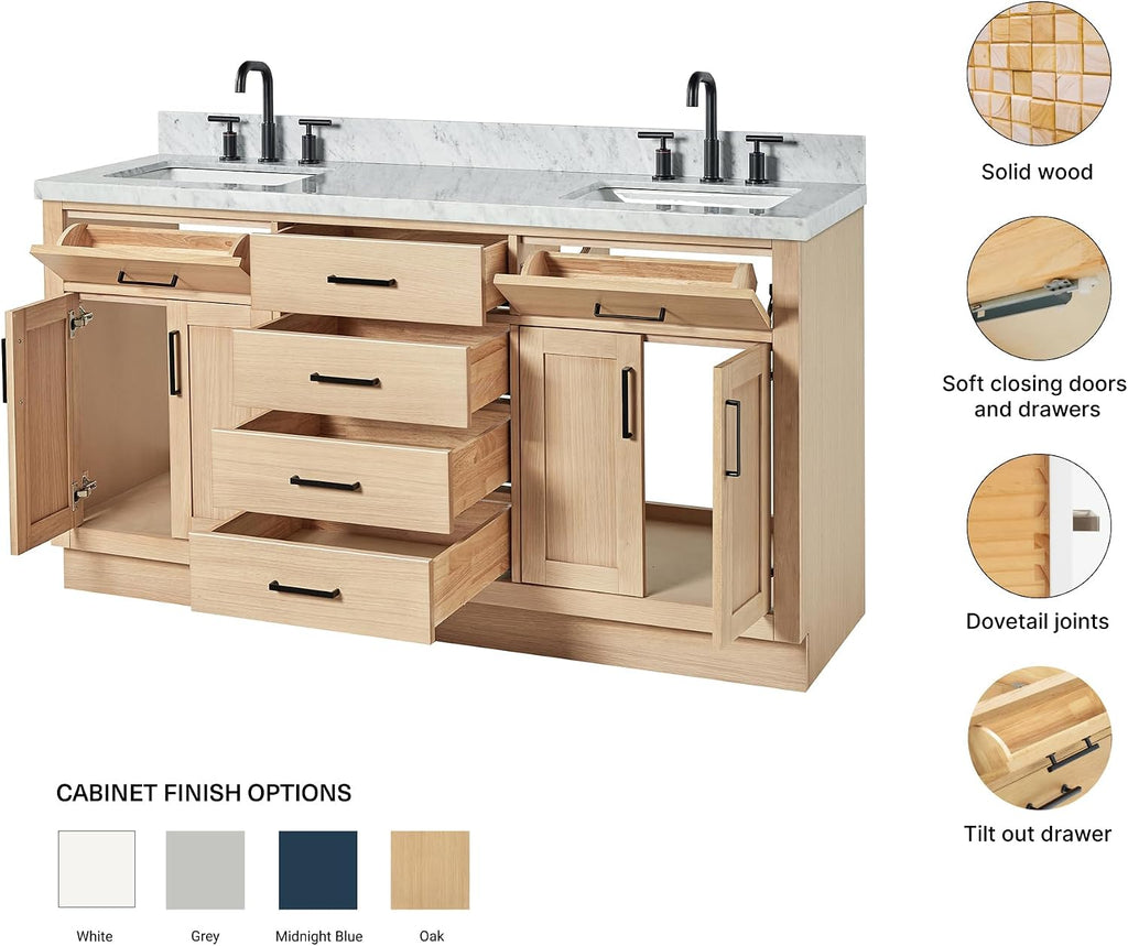 ARIEL Hepburn 66-inch Bathroom Vanity with Sink,Solid Wood, 1.5-inch Italian Carrara Marble Countertop, Double Rectangular Porcelain Sink, 4 Soft Closing Doors, 6 Dovetail Drawers, White Oak