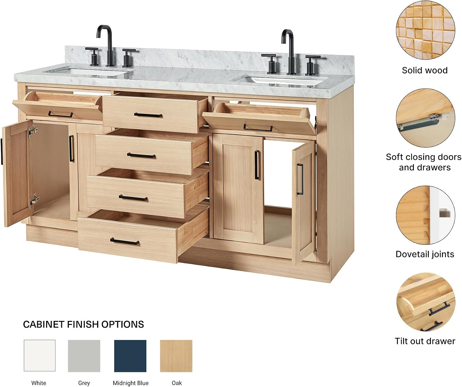 ARIEL Hepburn 66-inch Bathroom Vanity with Sink,Solid Wood, 1.5-inch Italian Carrara Marble Countertop, Double Rectangular Porcelain Sink, 4 Soft Closing Doors, 6 Dovetail Drawers, White Oak