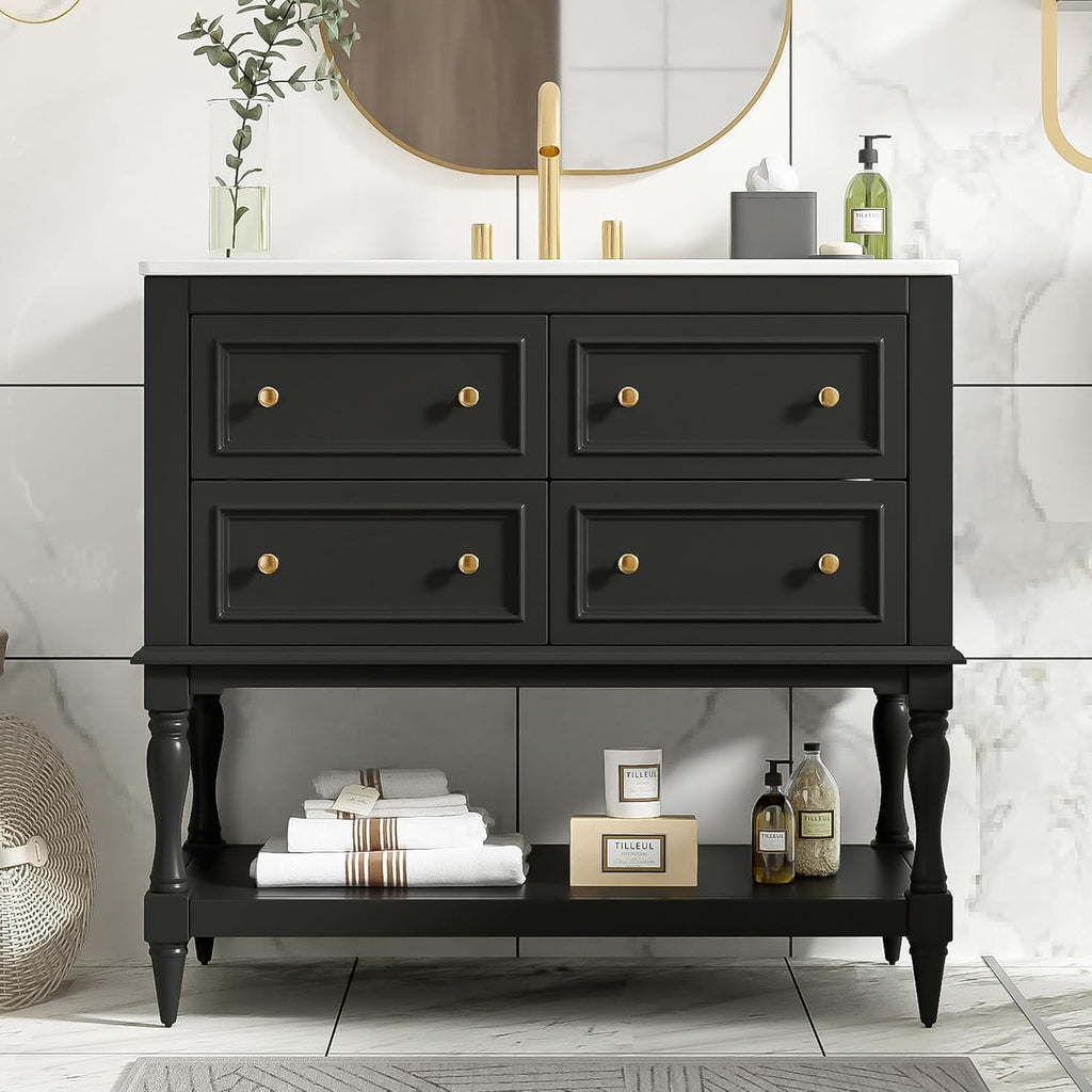 Merax Country 36' Bathroom Vanity with Sink, Farmhouse Bathroom Vanity Storage Cabinet with 4 Drawers and Open Shelf, Solid Wood Frame Bath Storage Vanity