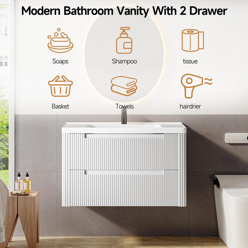 ONBRILL Modern Bathroom Vanity with Sink Combo, Curved Floating Bath Vanity with 2 Drawers, Wall Mount Bathroom Vanities with Integrated Ceramic Sink for Small Space, Apartment (White, 36')