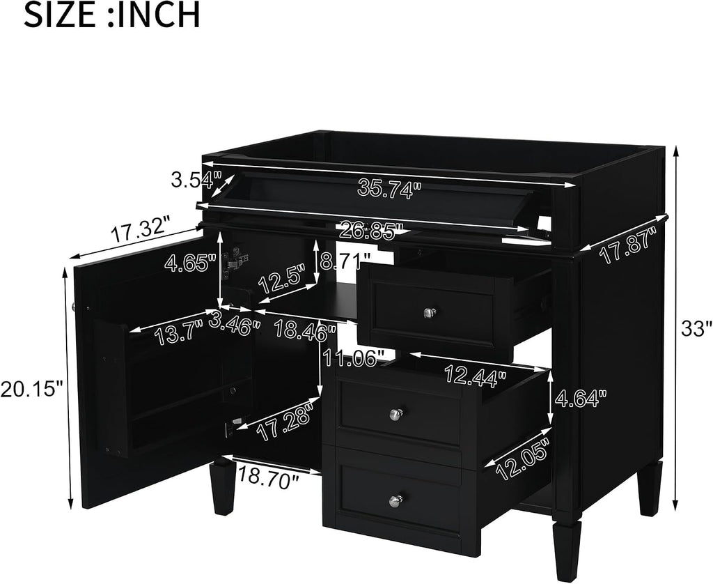 36'' Bathroom Vanity Without Top Sink, Modern Bathroom Storage Cabinet with 2 Drawers and a Tip-Out Drawer, Only Cabinet, Black