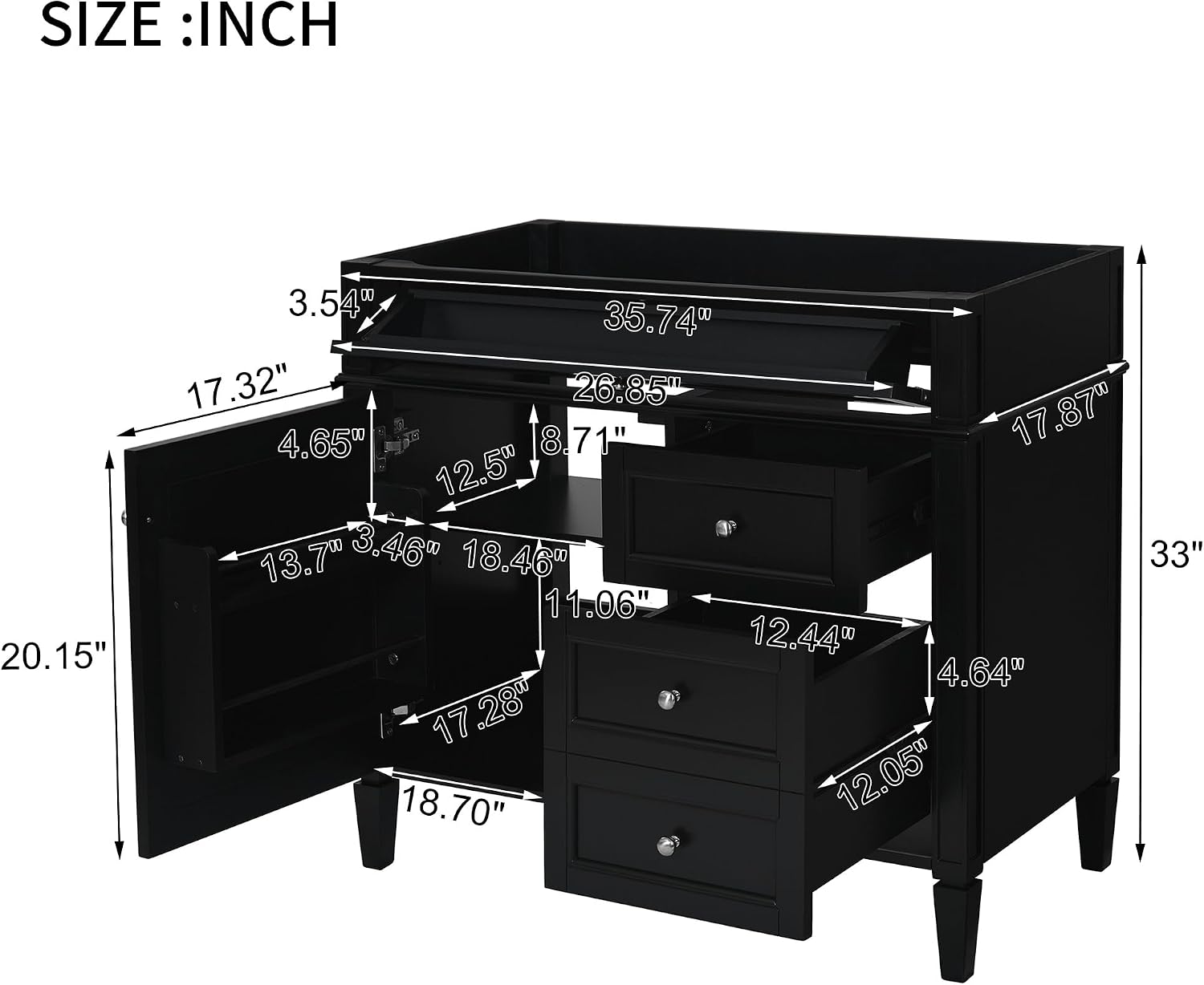36'' Bathroom Vanity Without Top Sink, Modern Bathroom Storage Cabinet with 2 Drawers and a Tip-Out Drawer, Only Cabinet, Black