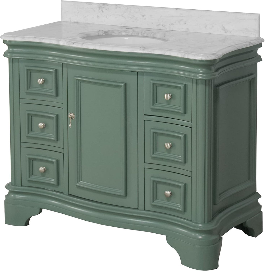 Kitchen Bath Collection Katherine 42-inch Bathroom Vanity (Carrara/Sage Green): Includes Sage Green Cabinet with Authentic Italian Carrara Marble Countertop and White Ceramic Sink