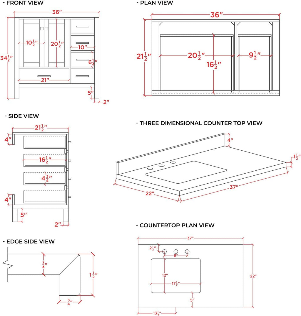 ARIEL Taylor 36-inch Bathroom Vanity with Sink,Solid Wood, 1.5-inch Italian Carrara Marble Countertop, Single Rectangular Porcelain Sink, 2 Soft Closing Doors, 5 Dovetail Drawers, Midnight Blue
