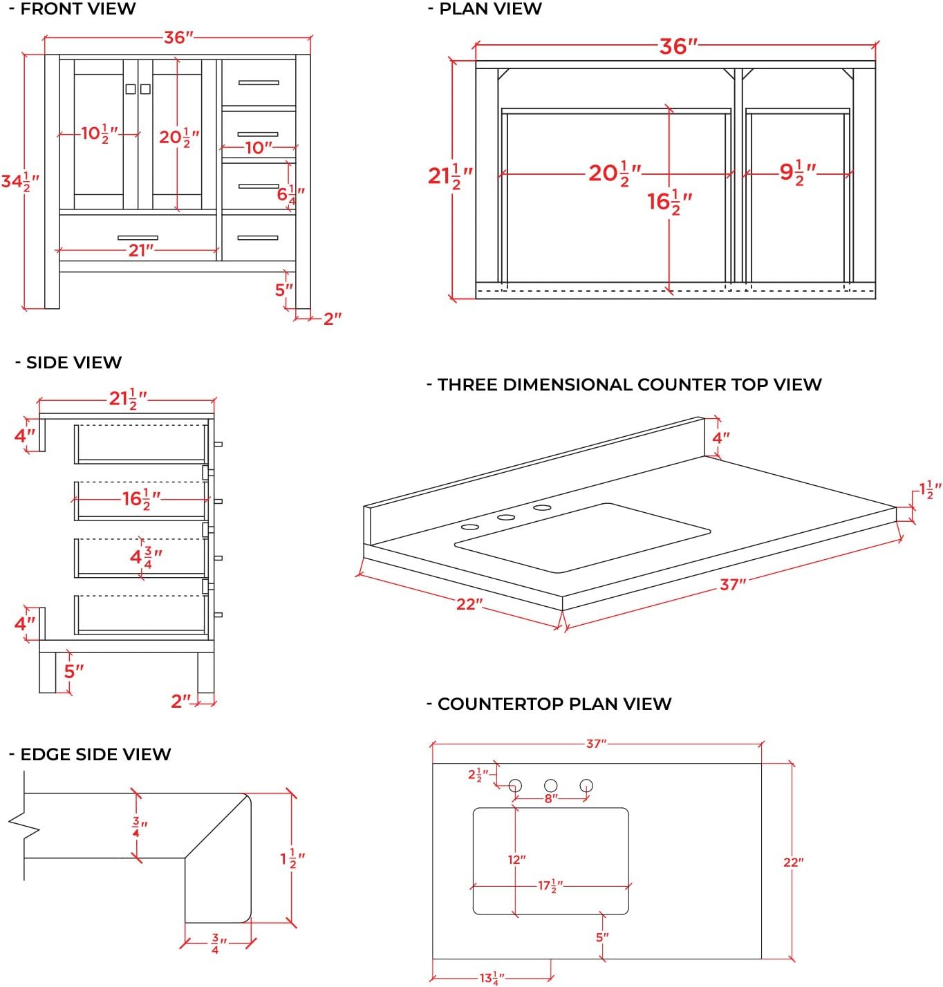 ARIEL Taylor 36-inch Bathroom Vanity with Sink,Solid Wood, 1.5-inch Italian Carrara Marble Countertop, Single Rectangular Porcelain Sink, 2 Soft Closing Doors, 5 Dovetail Drawers, Midnight Blue