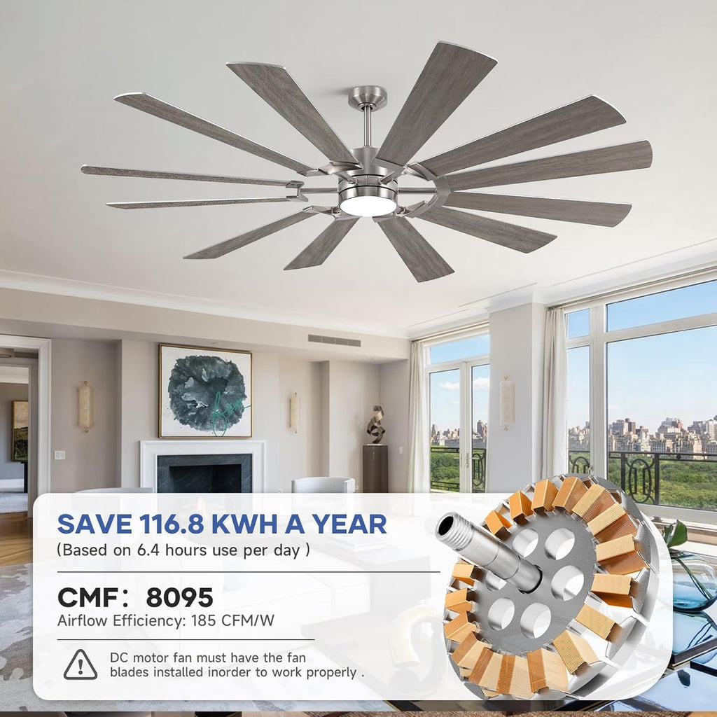 62 Inch Outdoor Ceiling Fan with Light Remote, Modern Large Ceiling Fan with Light, Large Airflow Industrial DC Cieling Fan with 12 Blade, Damp-Rated Outdoor Ceiling Fans for Patios Porch Farmhouse