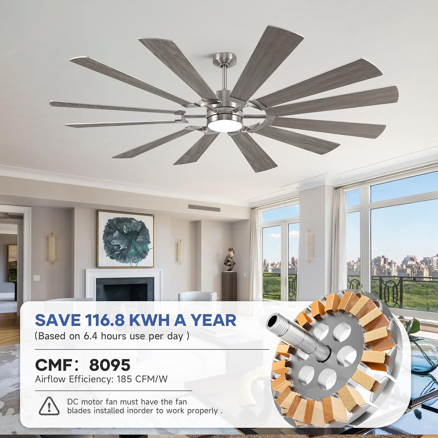 62 Inch Outdoor Ceiling Fan with Light Remote, Modern Large Ceiling Fan with Light, Large Airflow Industrial DC Cieling Fan with 12 Blade, Damp-Rated Outdoor Ceiling Fans for Patios Porch Farmhouse