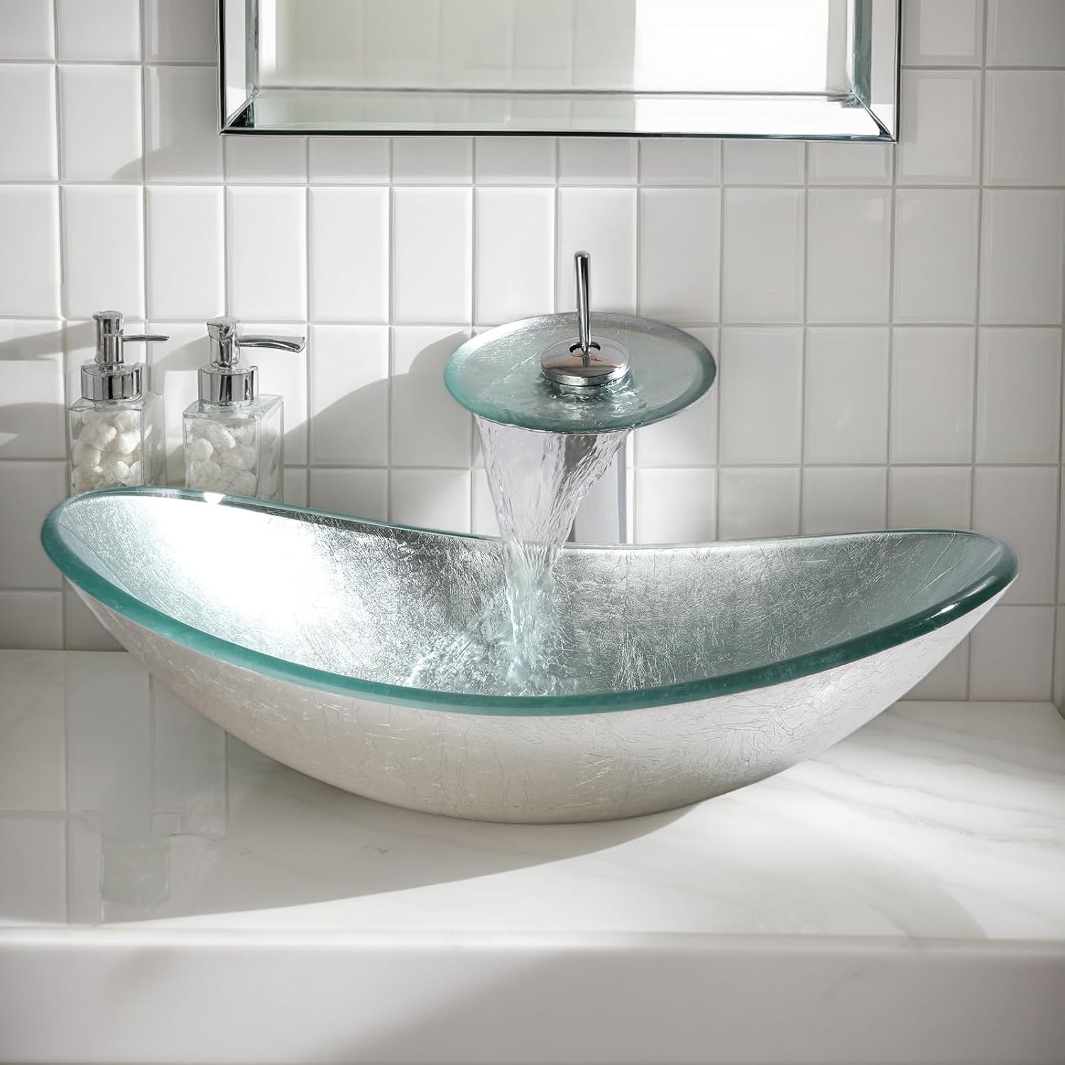 Oval Glass Vessel Sink with Faucet and Pop-Up Drain 22x14 Inch Silver Tempered Glass Bathroom Washbasin Boat Shape Design Top Mount Bowl Sinks For Modern Bathrooms Vanities