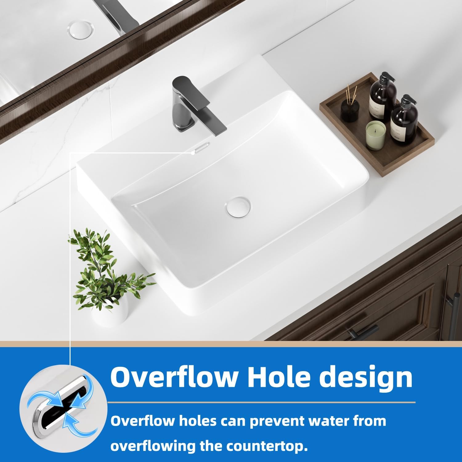 KINGWONG 20 Inch Ceramic Vessel Sink | White Rectangular Bathroom Sink Above Counter or Wall Mounted | Porcelain Vanity Basin with Overflow Hole Easy Clean Glossy Finish for RV Farmhouse Modern Bath