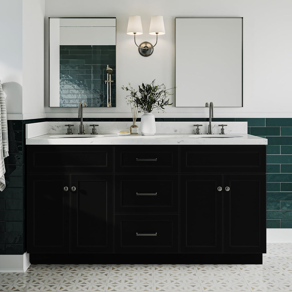 ARIEL Hamlet 66-inch Bathroom Vanity with Sink,Solid Wood, 1.5-inch Carrara White Quartz Countertop & Backsplash, Double Oval Porcelain Sink, 4 Soft Closing Doors, 3 Dovetail Drawers, Black
