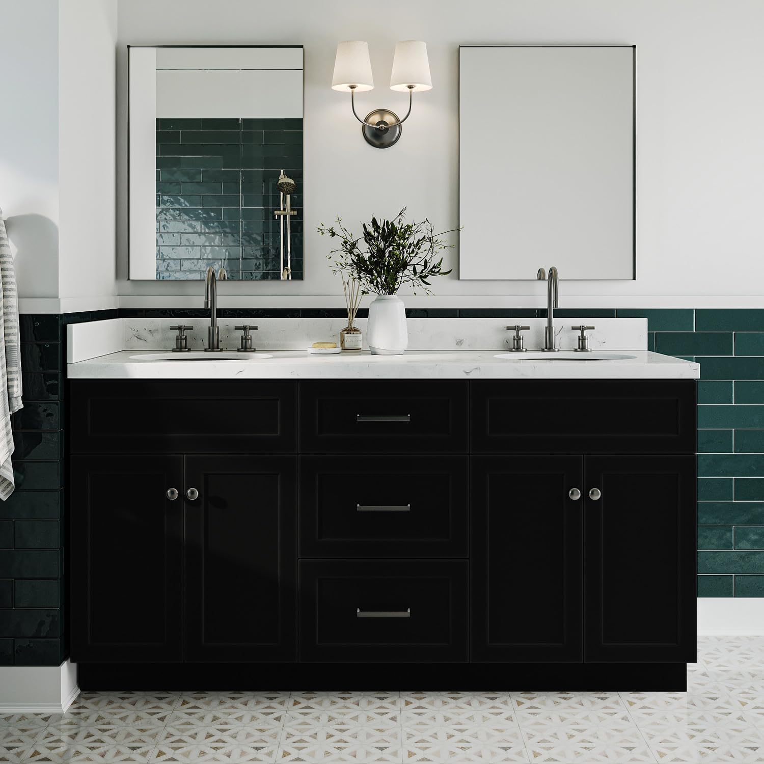 ARIEL Hamlet 66-inch Bathroom Vanity with Sink,Solid Wood, 1.5-inch Carrara White Quartz Countertop & Backsplash, Double Oval Porcelain Sink, 4 Soft Closing Doors, 3 Dovetail Drawers, Black