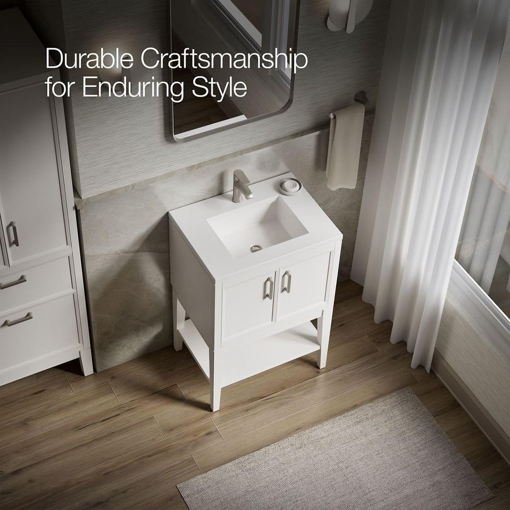 Kohler Winnow 24 Inch Bathroom Vanity Cabinet with White Single Sink and Quartz Top, Modern Bathroom Vanity, White, K-33577-ASB-0
