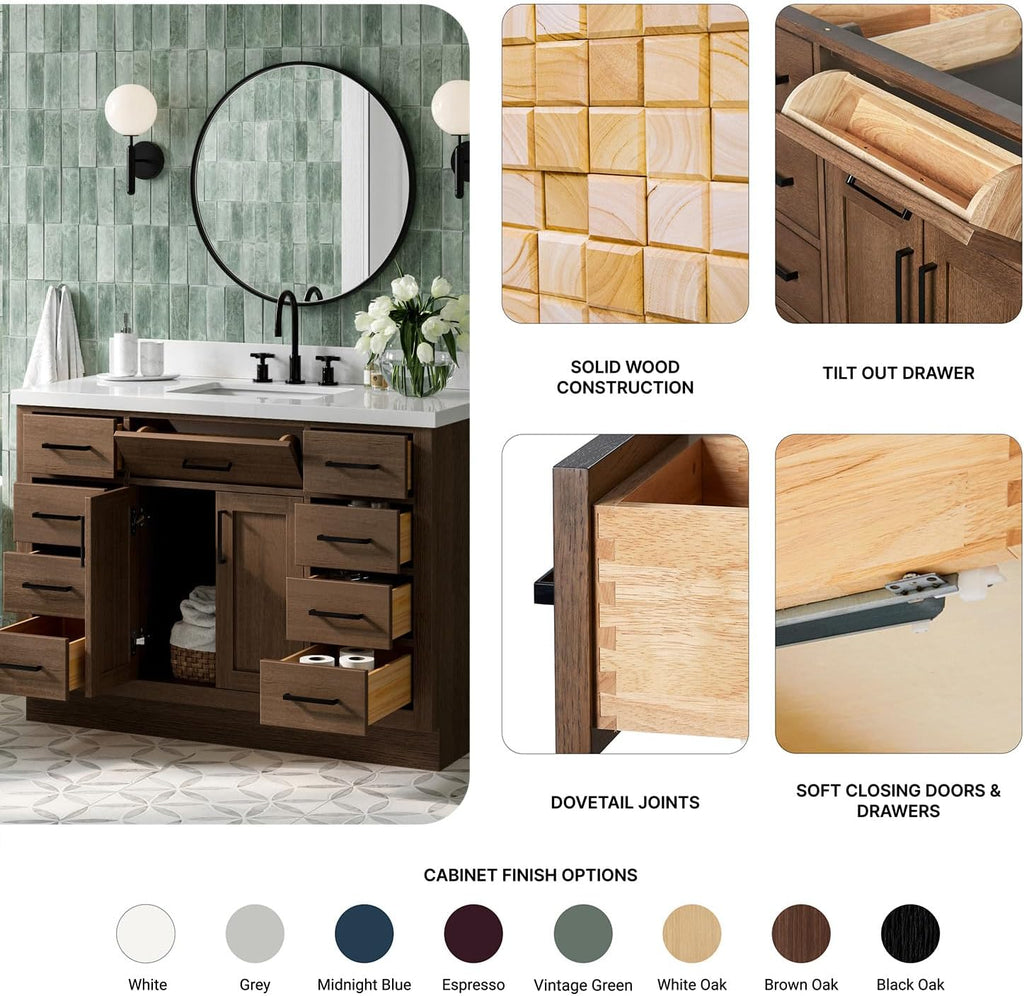 ARIEL Hepburn 48-inch Bathroom Vanity with Sink,Solid Wood, 1.5-inch Pure White Quartz Countertop, Single Rectangular Porcelain Sink, 2 Soft Closing Doors, 9 Dovetail Drawers, Brown Oak