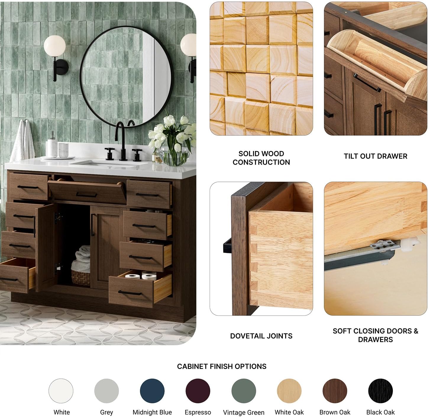 ARIEL Hepburn 48-inch Bathroom Vanity with Sink,Solid Wood, 1.5-inch Pure White Quartz Countertop, Single Rectangular Porcelain Sink, 2 Soft Closing Doors, 9 Dovetail Drawers, Brown Oak