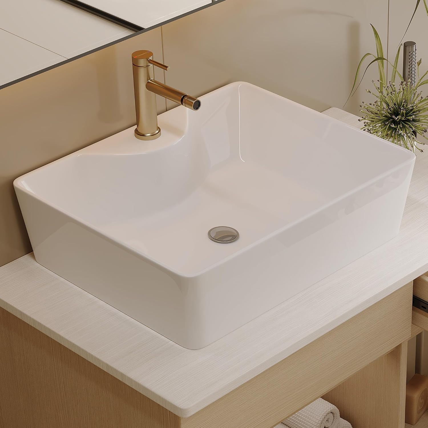 32' Floating Bathroom Vanity with Single Sink, Modern Wall Mounted Bathroom Vanities with Above Ceramic Basin, Wood Bathroom Vanity Cabinet with 1 Drawers and 2 Storage Cabinets, Natural