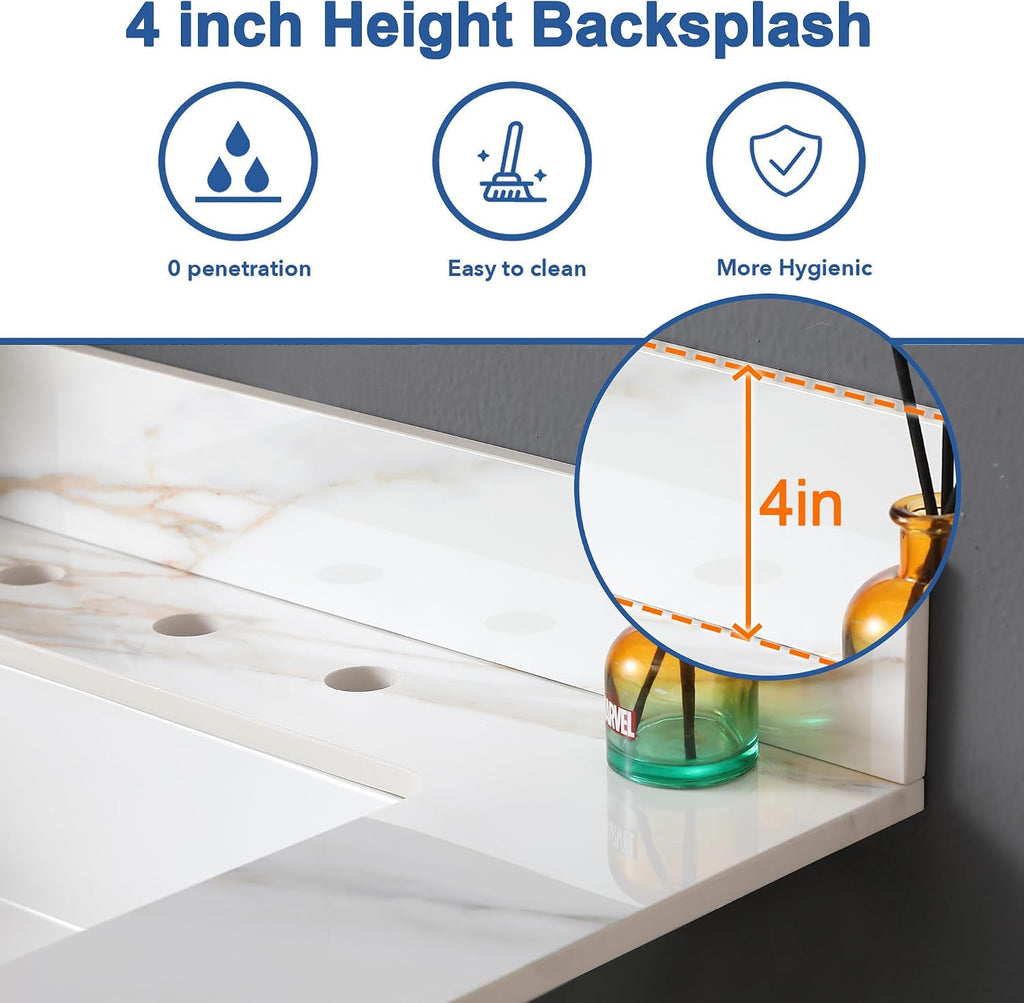 Runboll 31' Marble Vanity Top with Sink, Sintered Stone Bathroom Vanity Top with Undermount Rectangular Bowl, 4' Backsplash, Pre-Drilled 8' 3 Faucet Holes (Cabinet NOT Included)