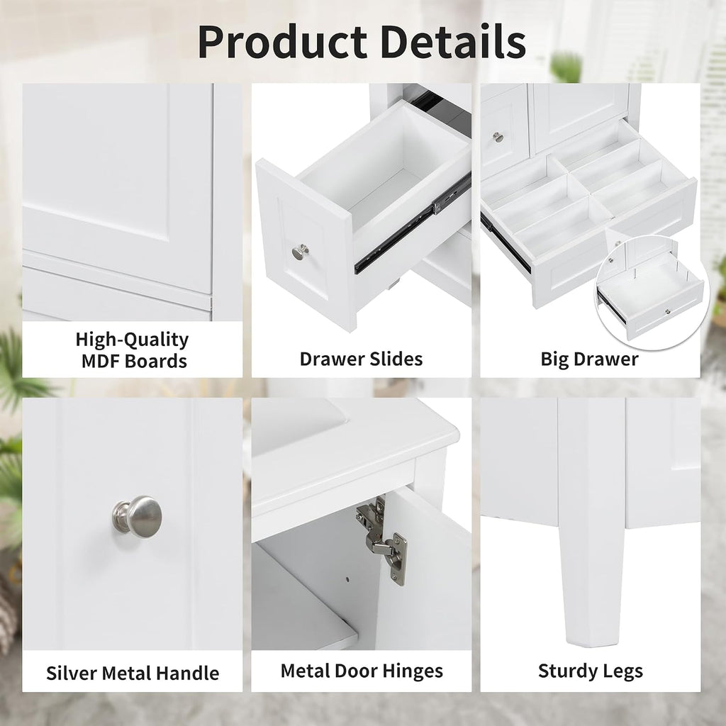 24' Bathroom Vanities with Undermount Ceramic Sink, Multi-Functional Storage Cabinet with Three Drawers and Adjustable Shelf, Soft-Closing Door, Solid Wood Legs, White