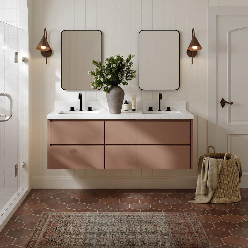 ARIEL West 60 Inch Wall-Mounted Double Rectangle Sink Bathroom Vanity with Carrara White Quartz Countertop 1.5 Inch in Mocha