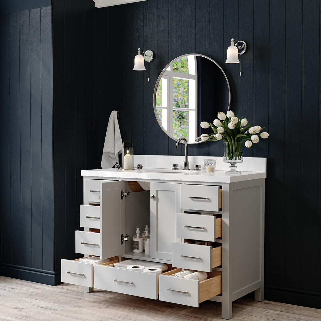ARIEL Cambridge 48-inch Bathroom Vanity with Sink,Solid Wood, 1.5-inch Pure White Quartz Countertop & Backsplash, Single Oval Porcelain Sink, 2 Soft Closing Doors, 9 Dovetail Drawers, Grey