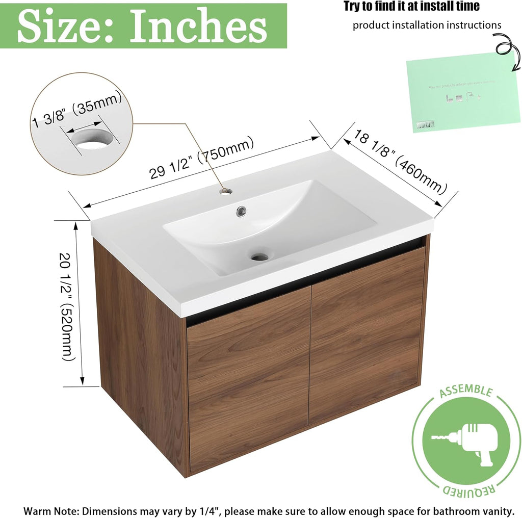 30 inch Bathroom Vanity with Sink, Wall-Mounted Floating Vanity with 2 Soft-Close Doors, Easy Assembly, Engineered Wood in Elegant Brown, Modern Style for Bathroom