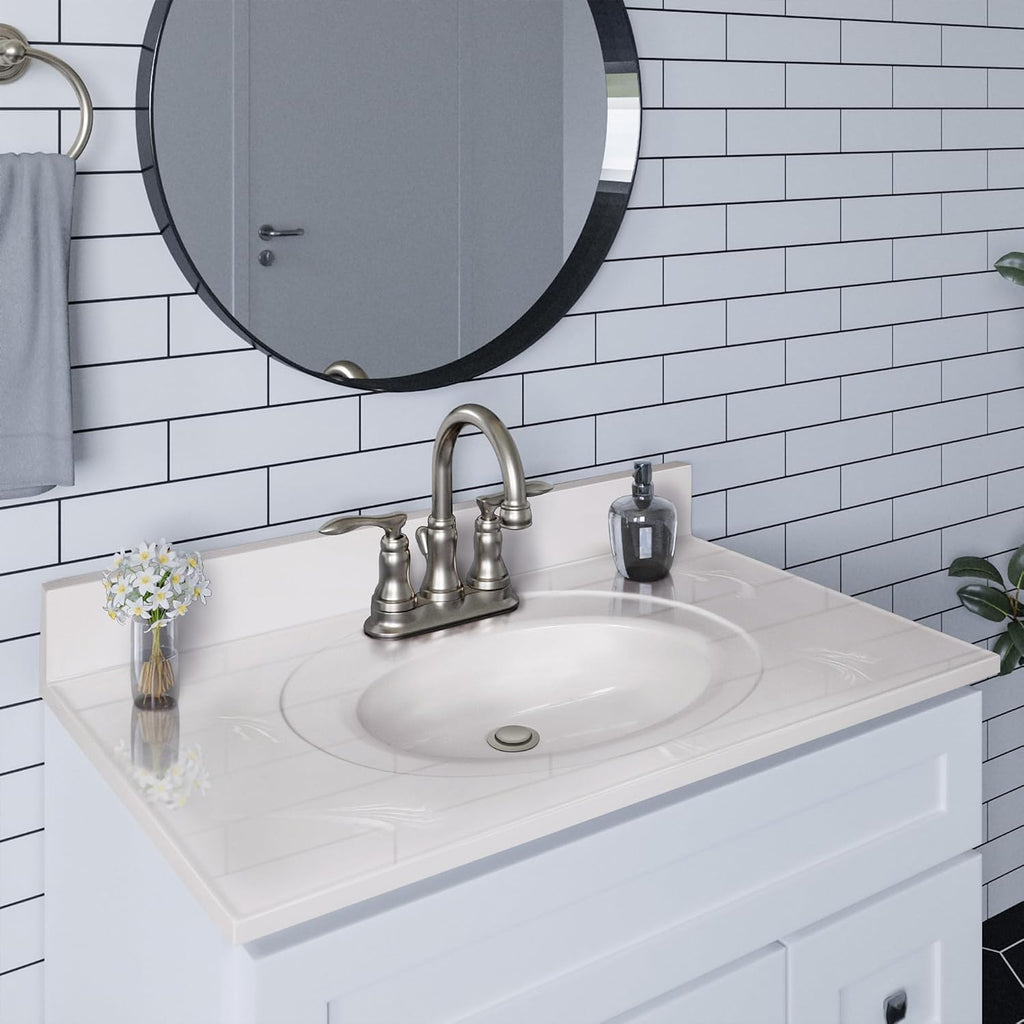 Pemberly Row Cultured Marble Vanity Top, 37' x 22', White on White Ivory Swirl Finish, Integrated Oval Sink with Overflow, Pre-Drilled 4-Inch Centerset, 4-Inch Backsplash, Durable Easy-Clean Bathroom