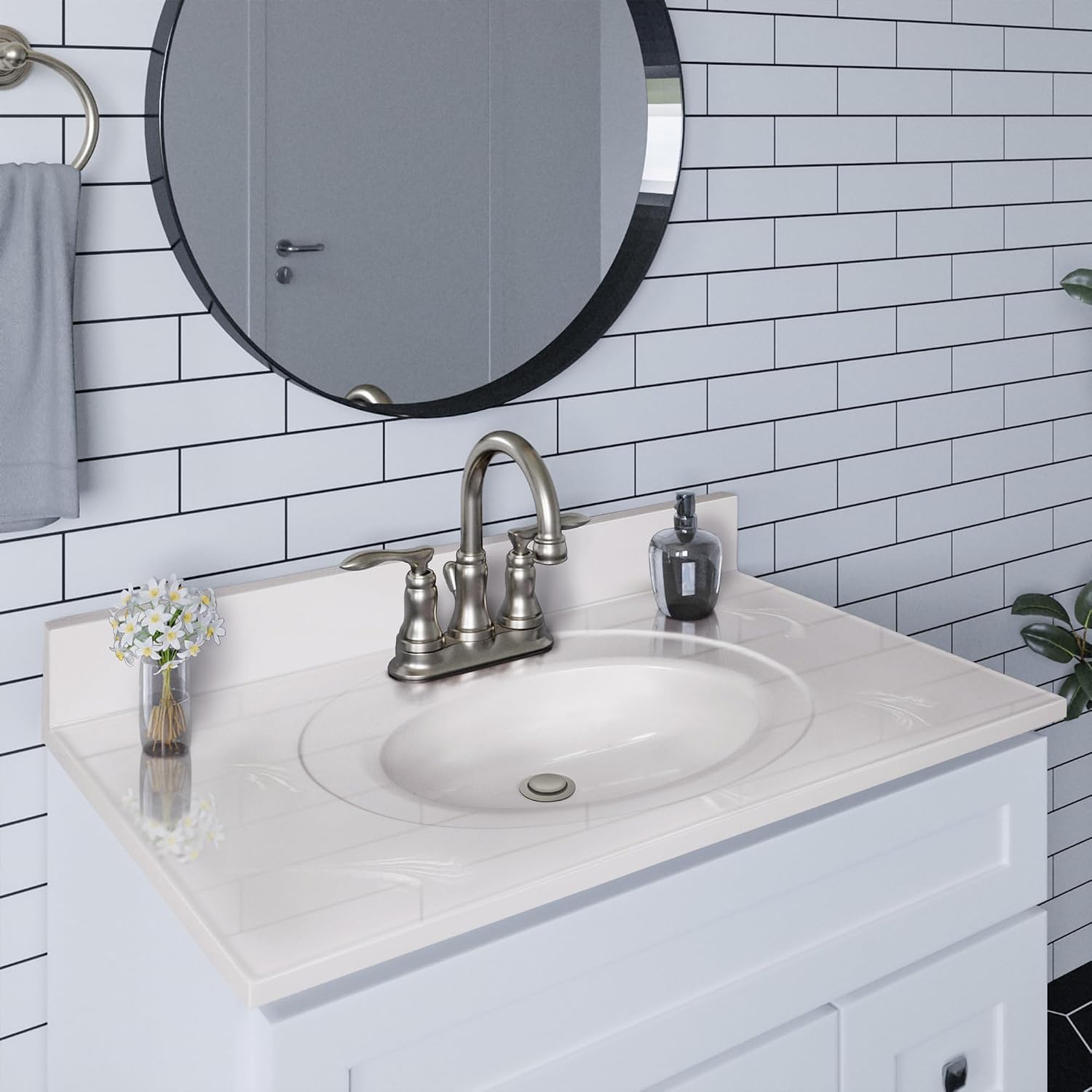 Pemberly Row Cultured Marble Vanity Top, 37' x 22', White on White Ivory Swirl Finish, Integrated Oval Sink with Overflow, Pre-Drilled 4-Inch Centerset, 4-Inch Backsplash, Durable Easy-Clean Bathroom