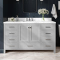 ARIEL Cambridge 60-inch Bathroom Vanity with Sink,Solid Wood, 1.5-inch Carrara White Quartz Countertop, Single Rectangular Porcelain Sink, 2 Soft Closing Doors, 9 Dovetail Drawers, Grey