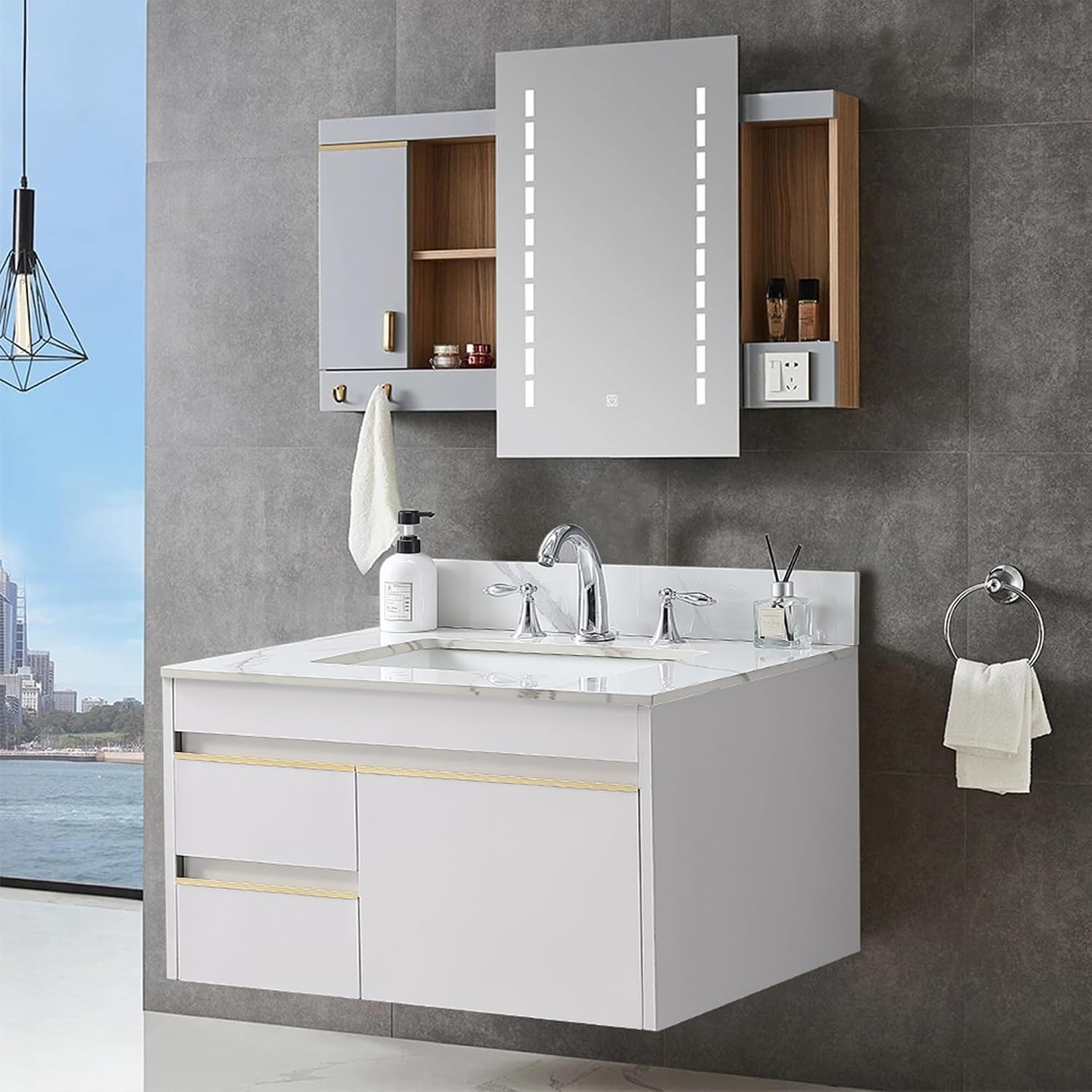 31 Inch Bathroom Vanity Top with Undermounted Large Ceramic Sink & Backsplash, Sintered Stone Artificial Marble Vanity Sink Tops with 3 hole, Carrara Gold