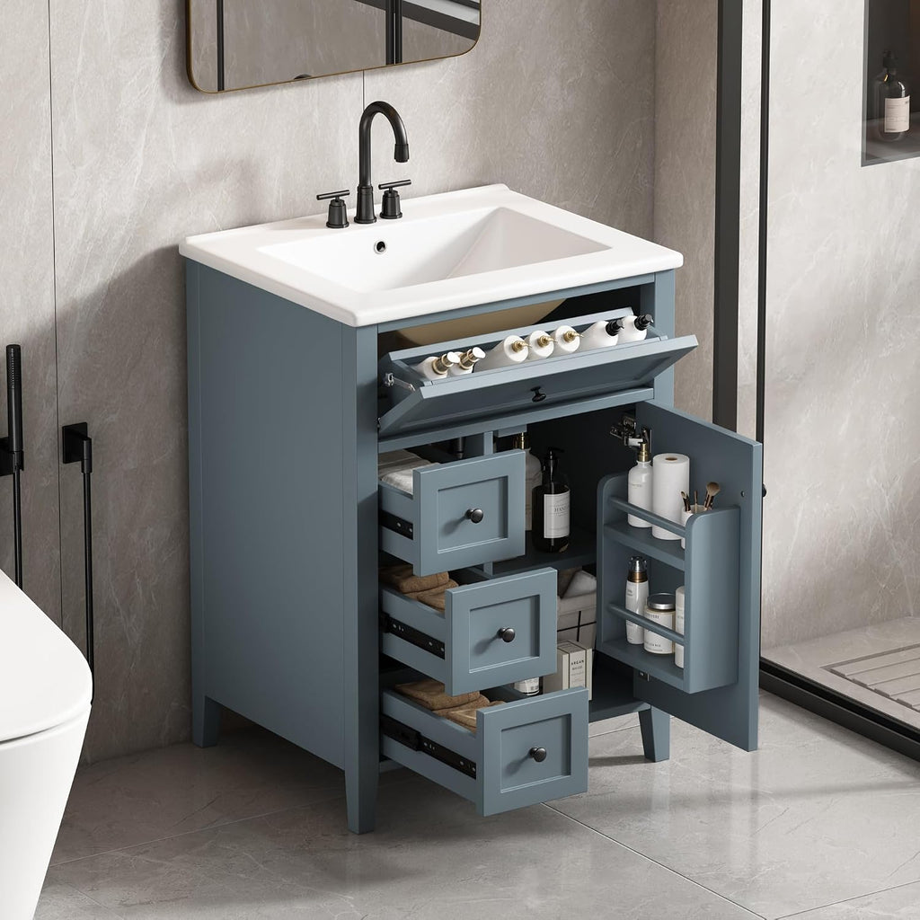 24' Bathroom Vanities Sink Set, Cabinet with Multi-Functional Tip-Out Drawer and Adjustable Shelf, Soft-Closing Door, Solid Wood Legs, Gray Blue