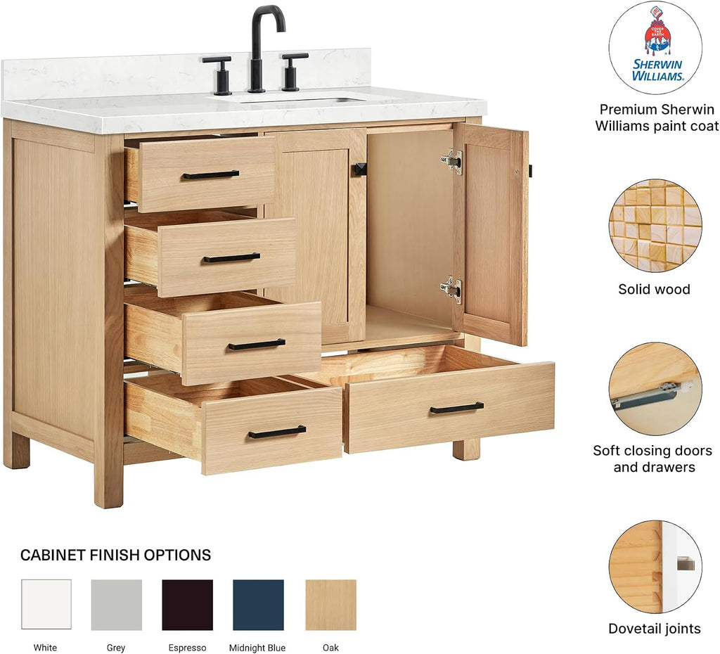 DKB Beckford 42-Inch Oak Bathroom Vanity with Sink, Carrara White Quartz Countertop & 4' Backsplash, Soft Closing Door & Drawer, Matte Black Hardware