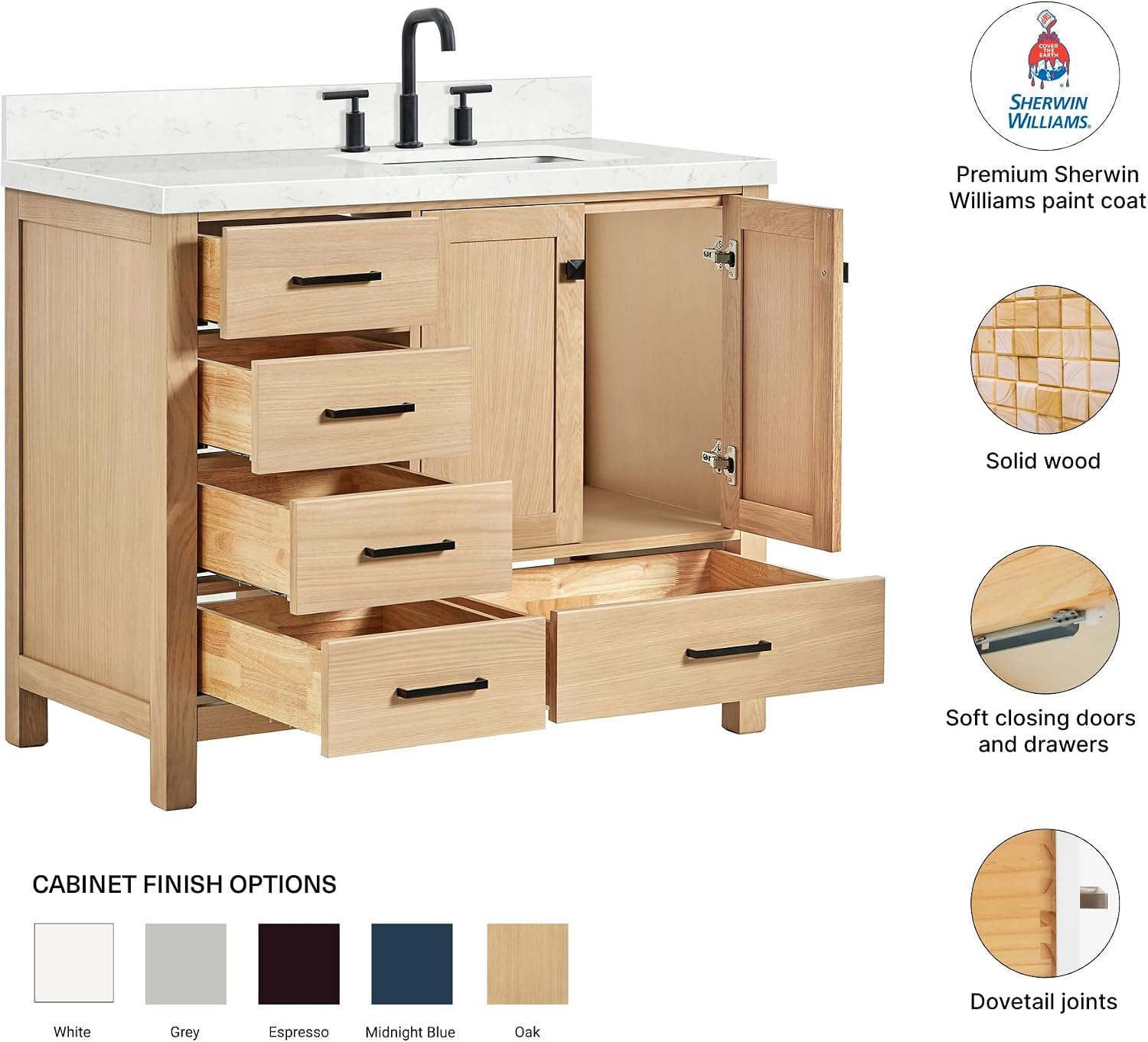 DKB Beckford 42-Inch Oak Bathroom Vanity with Sink, Carrara White Quartz Countertop & 4' Backsplash, Soft Closing Door & Drawer, Matte Black Hardware