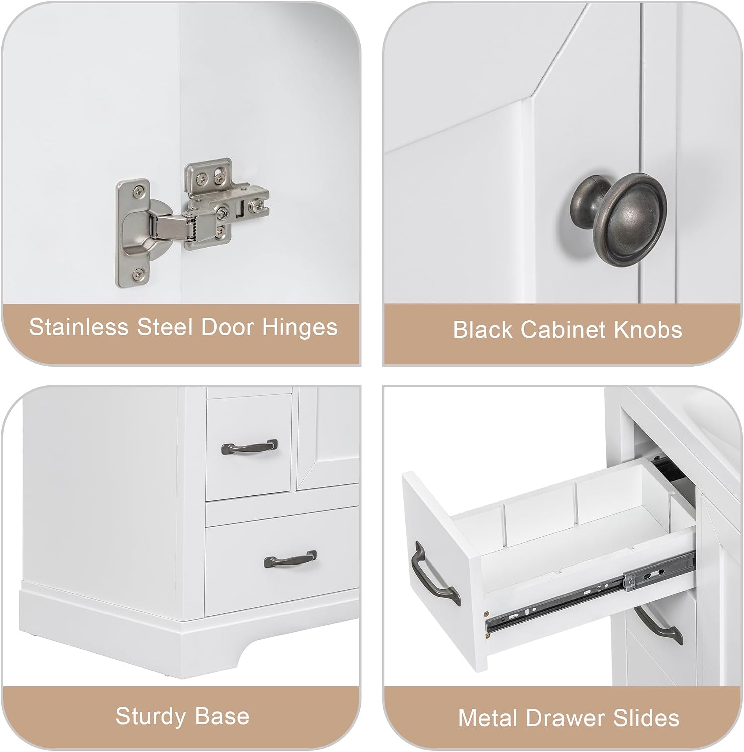 36' Bathroom Vanity Without Sink, Base Only,Six, Solid Wood Cabinets Basin Vessel Set w/Drawer Divider,Adjustable Shelf,Water, Stain Proof,White