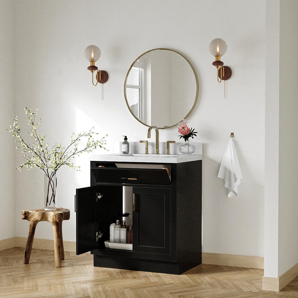 ARIEL Hepburn 30-inch Bathroom Vanity with Sink,Solid Wood, 1.5-inch Carrara White Quartz Countertop & Backsplash, Single Rectangular Porcelain Sink, 2 Soft Closing Doors, 1 Dovetail Drawers, Black