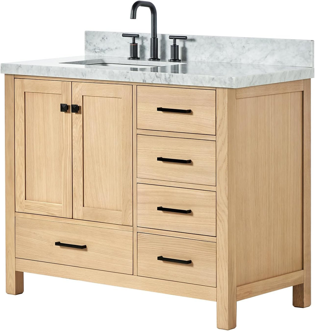 ARIEL Cambridge 42-Inch Oak Bathroom Vanity with Sink, 1.5' Italian Carrara Marble Countertop & 4' Backsplash, Soft Closing Door & Drawer, Matte Black Hardware