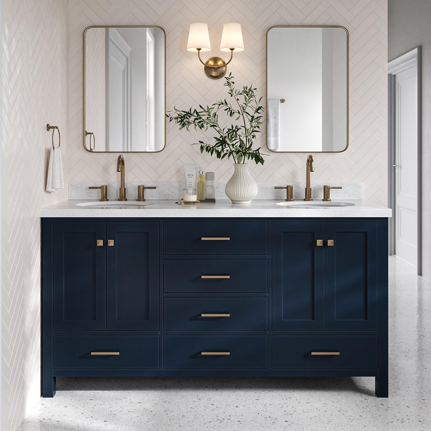 DKB Beckford 66' Midnight Blue Double Bathroom Vanity, 1.5' Edge Italian Carrara Marble Countertop, 2 Oval Undermount Sinks, 4 Soft Closing Doors, 6 Dovetail Drawers