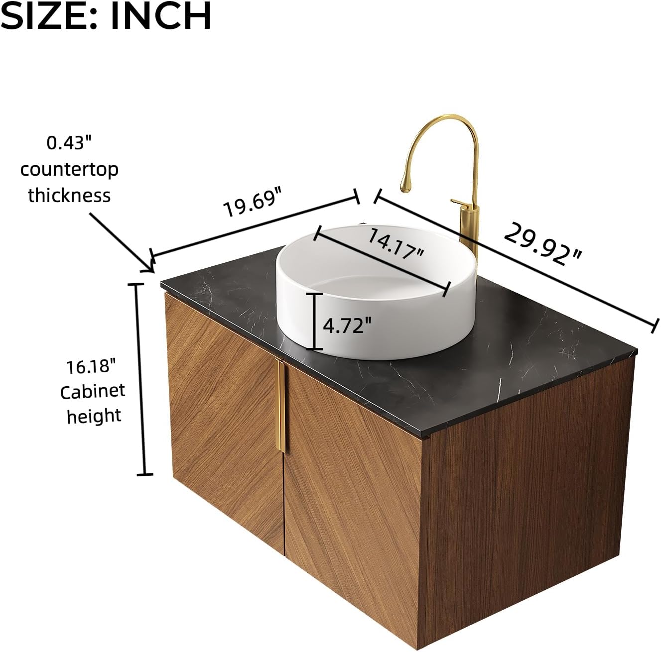 LKTART Floating Vanity Bathroom 30 inch, Modern Wall Mounted Bathroom Storage Cabinet with 2 Doors, Black Sintered Stone Countertop and White Round Ceramic Basin, Brown