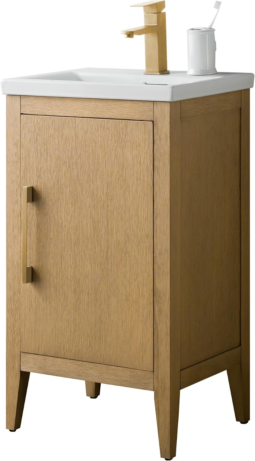 HOMEBEYOND 20 Inch Bathroom Vanities with Sink & Ceramic Top, Single Vanity Cabinet with Basin, Solid Wood Frame, Soft-Closing Doors & Golden Brushed Hardware, Natural Oak