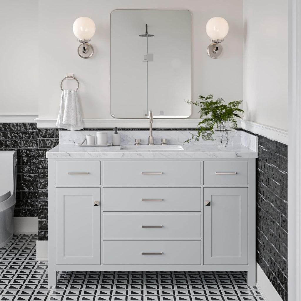 ARIEL 60-Inch White Bathroom Vanity with Sink, 1.5-Inch Italian Carrara Marble Countertop & Backsplash, Rectangular Ceramic Sink, 2 Soft Closing Doors, 5 Dovetail Drawers, Polished Chrome